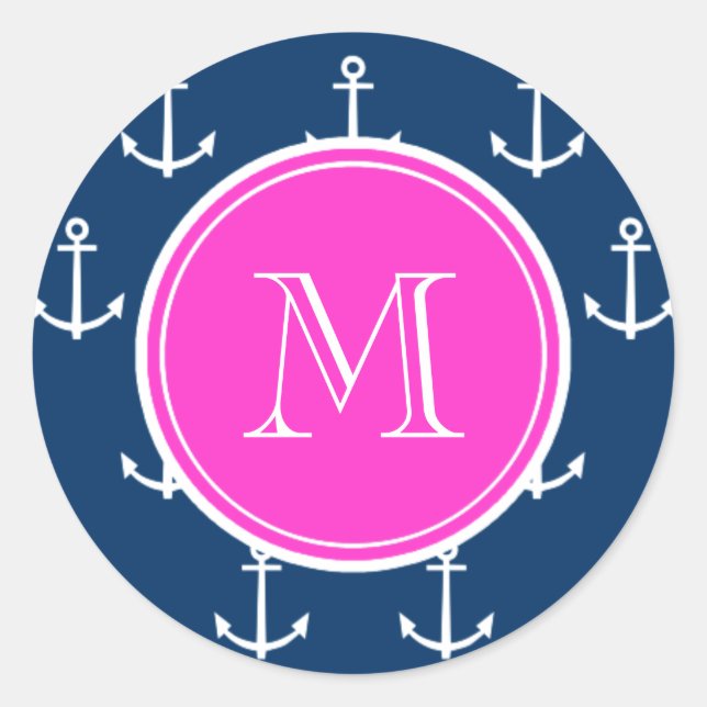 Navy Blue White Anchors Pattern, Hot Pink Monogram Classic Round Sticker (Front)