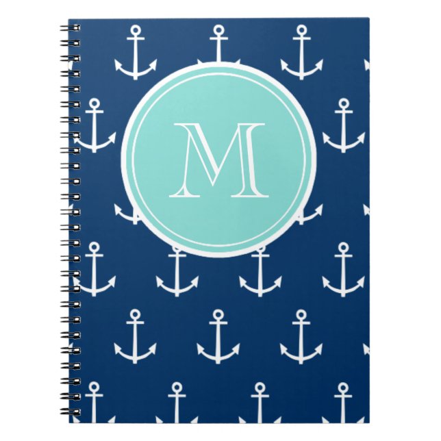 Navy Blue White Anchors Pattern, Mint Green Monogr Notebook (Front)