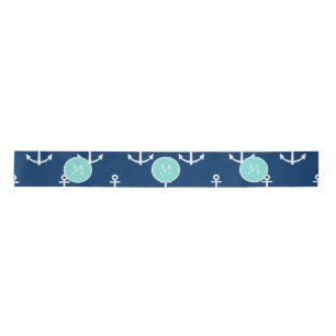 Navy Blue White Anchors Pattern, Mint Green Monogr Satin Ribbon