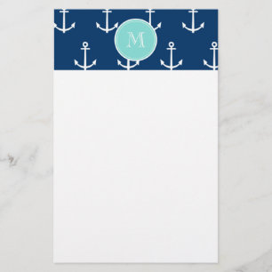 Navy Blue White Anchors Pattern, Mint Green Monogr Stationery