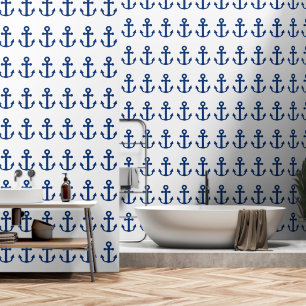 Navy Blue & White Anchors Pattern Nautical Wallpaper