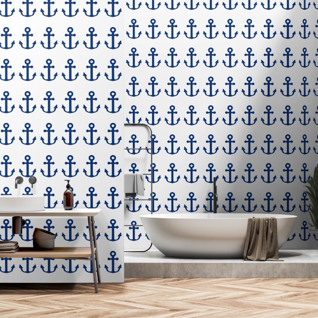 Navy Blue & White Anchors Pattern Nautical Wallpaper (Bathroom)