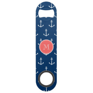 Navy Blue White Anchors Pattern, Red Monogram