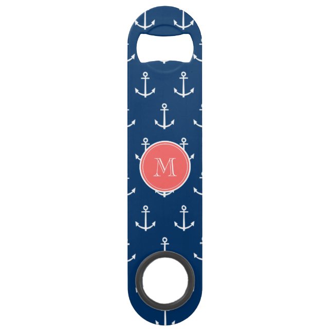 Navy Blue White Anchors Pattern, Red Monogram (Front)