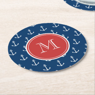 Navy Blue White Anchors Pattern, Red Monogram Round Paper Coaster