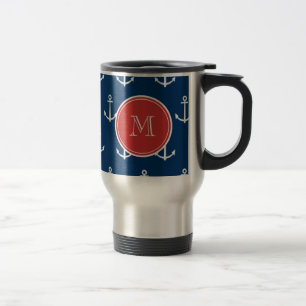 Navy Blue White Anchors Pattern, Red Monogram Travel Mug