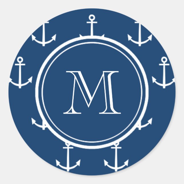 Navy Blue White Anchors Pattern, Your Monogram Classic Round Sticker (Front)