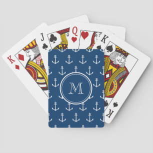 Navy Blue White Anchors Pattern, Your Monogram Playing Cards