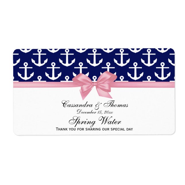 Navy Blue White Anchors Pink Bow Party Water Label (Front)