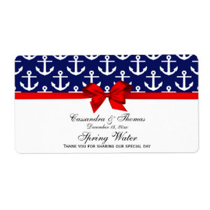 Navy Blue, White Anchors Red Bow Party Water Label
