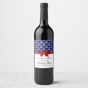 Navy Blue, White Anchors Red Bow Party Wine Label