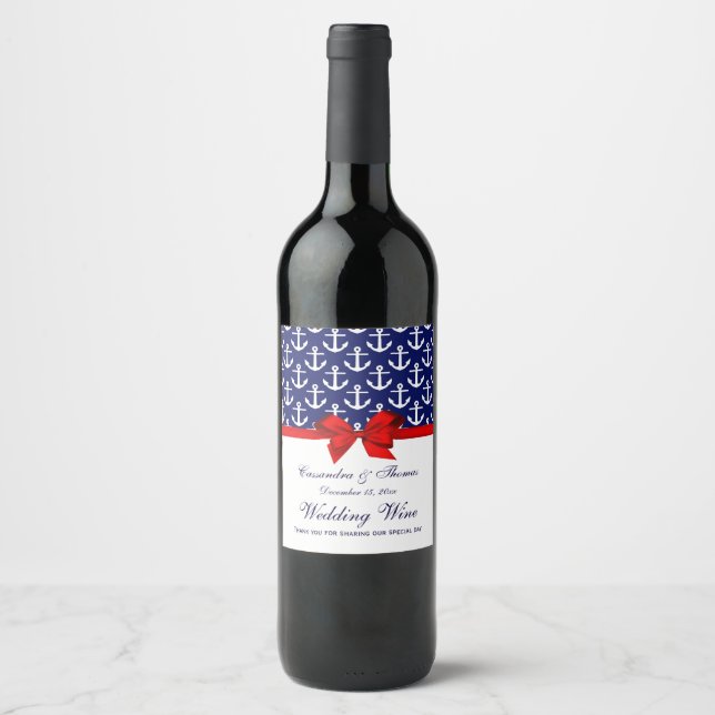 Navy Blue, White Anchors Red Bow Party Wine Label (Front)