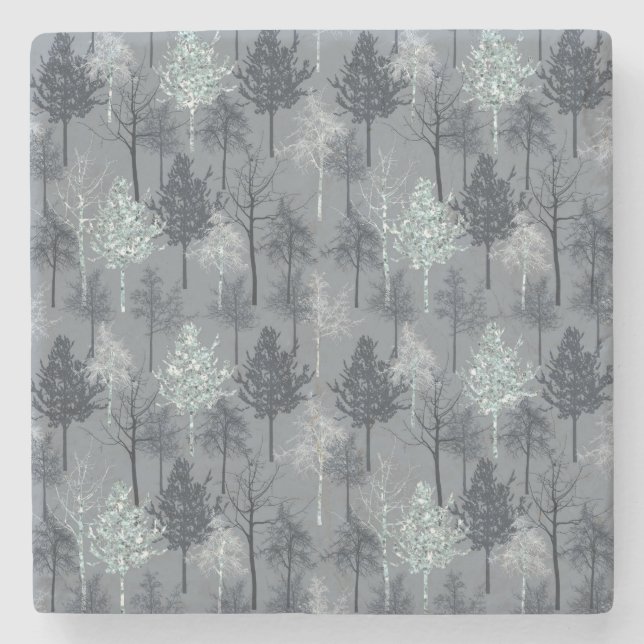 Navy Blue White and Faux Glitter Trees Stone Coaster (Front)