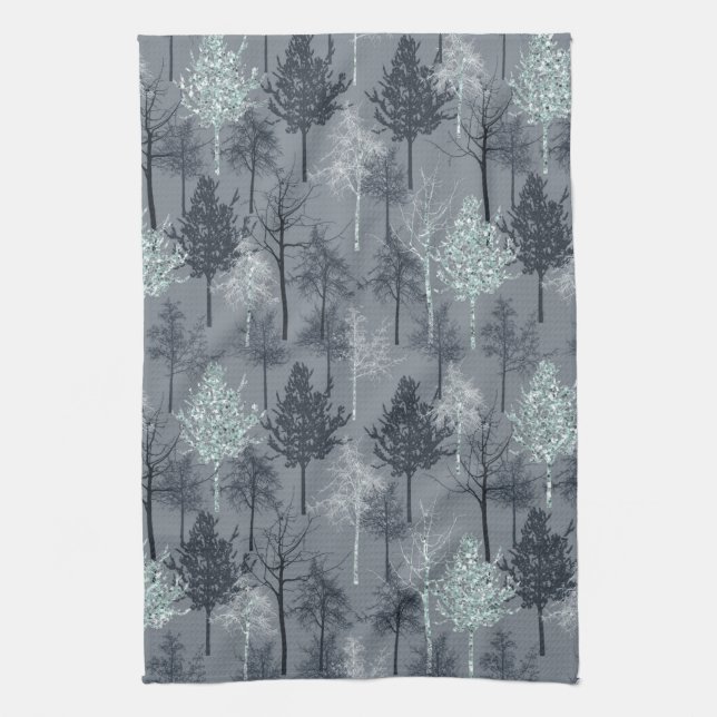 Navy Blue White and Faux Glitter Trees Tea Towel (Vertical)