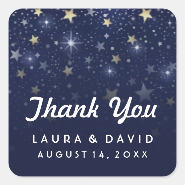 Navy Blue White and Gold Stars Wedding Thank You Square Sticker (Front)
