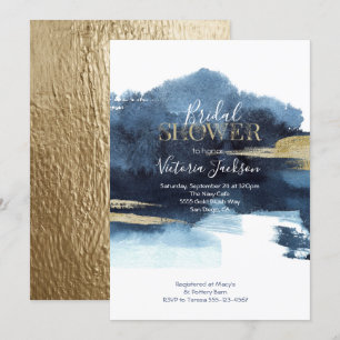 Navy Blue White and Gold Watercolor Bridal Shower Invitation