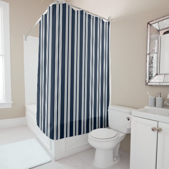 blue and white striped shower curtain