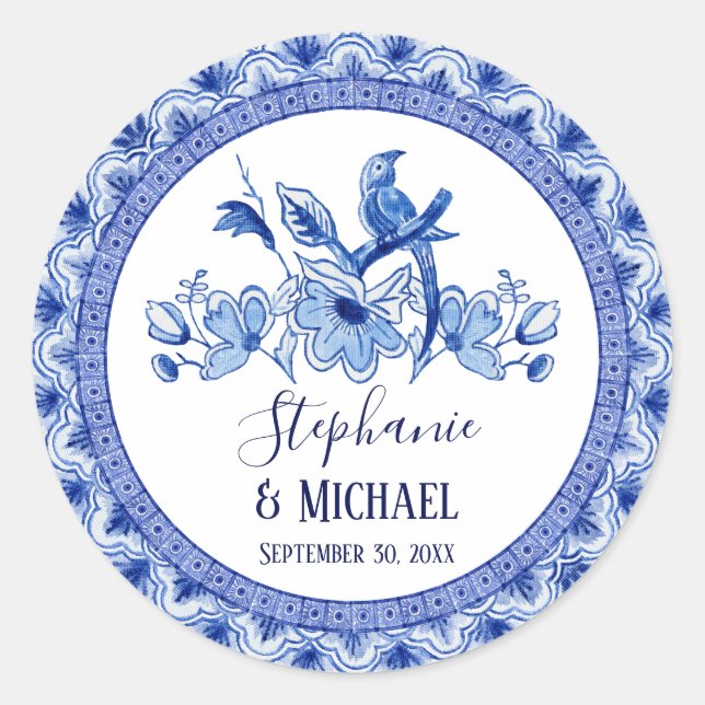Navy Blue White Asian Chinoiserie Bridal Shower Classic Round Sticker (Front)
