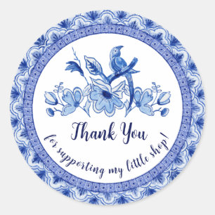 Navy Blue White Asian Chinoiserie Thank You Classic Round Sticker