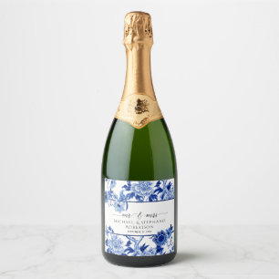 Navy Blue White Asian Floral Bird Foliage Wedding Sparkling Wine Label