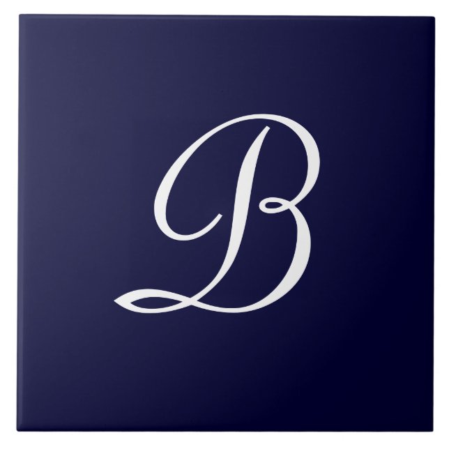 Navy Blue & White B Monogram script text Tile (Front)