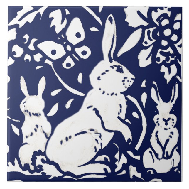 Navy Blue White Baby Rabbit Woodland Animal Trivet (Front)