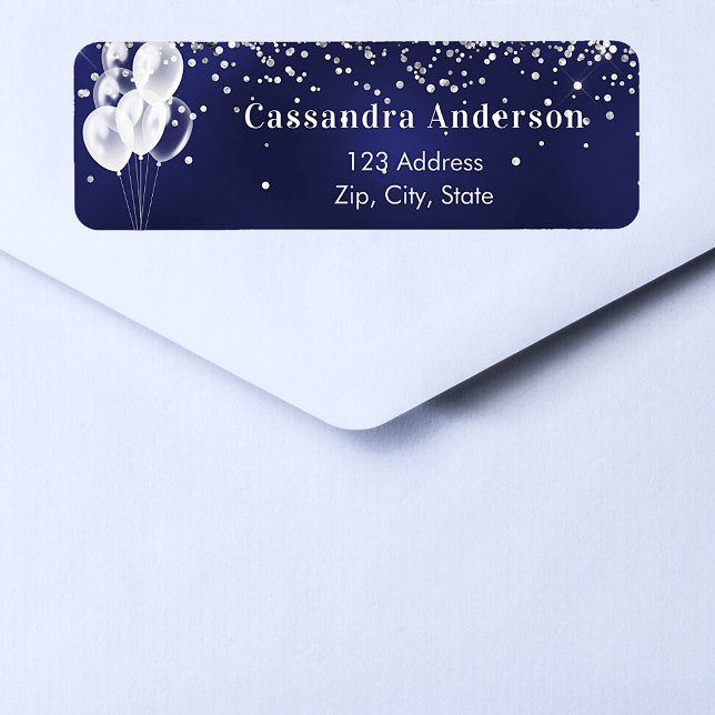 Navy blue white balloons return address label (Creator Uploaded)