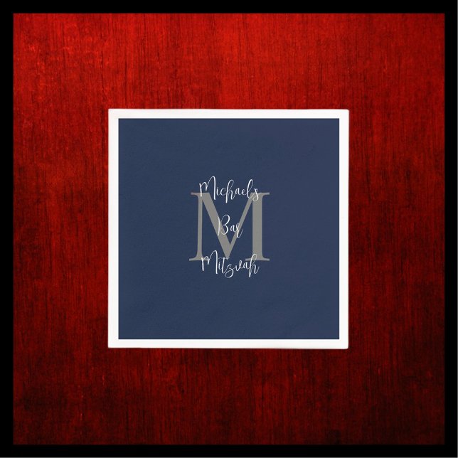 Navy Blue White Bar Mitzvah Name Monogram  Napkin (Creator Uploaded)