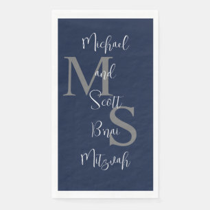 Navy Blue White B'nai Mitzvah Name Monogram  Napkin