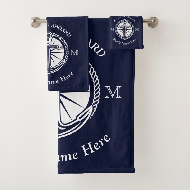 Navy Blue White Boat Name Anchor Welcome Aboard Bath Towel Set (Insitu)
