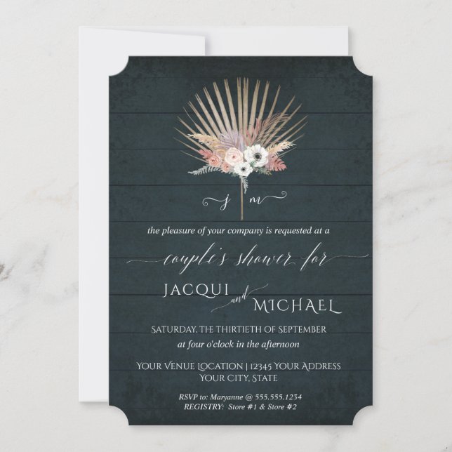 Navy Blue White BOHO Tropical Floral Couple Shower Invitation (Front)