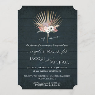 Navy Blue White BOHO Tropical Floral Couple Shower Invitation