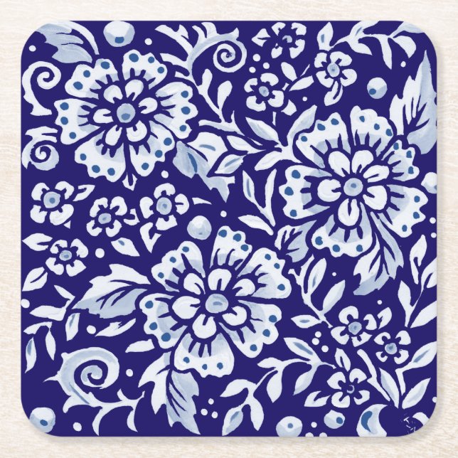 Navy Blue White Bold Floral Chinoiserie Design Square Paper Coaster (Front)