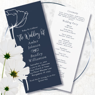 Navy Blue White Bold Floral Modern Simple Wedding Programme