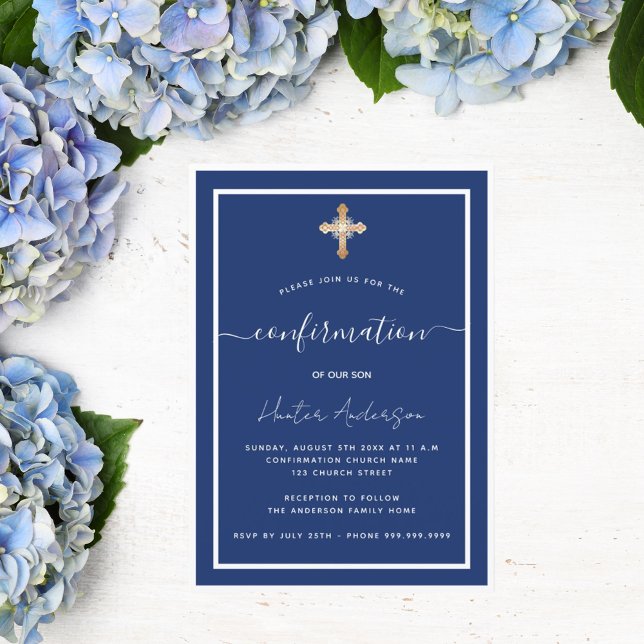 Navy blue white boy gold cross Confirmation Invitation (Creator Uploaded)