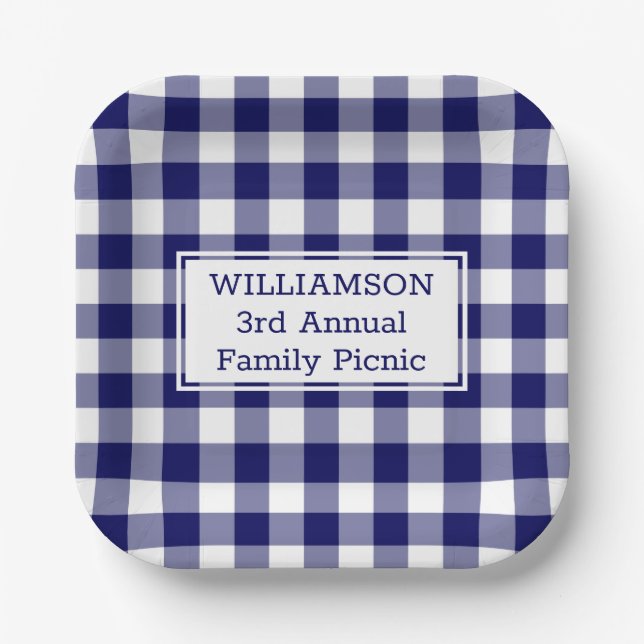 Navy Blue White Buffalo Check Family Picnic Paper Plate (Front)