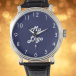 Navy blue white business logo watch<br><div class="desc">Add your own business logo.  A navy blue background.  Perfect for promoting your business and your brand.  White clock face numbers.</div>
