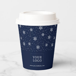 Navy Blue & White Business Logo Winter Holiday Paper Cups