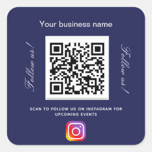Navy blue white business name qr code instagram square sticker