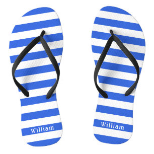 Navy Blue White Cabana Stripes Personalised Beach Flip Flops