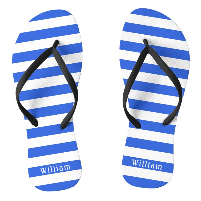 Navy Blue White Cabana Stripes Personalised Beach Flip Flops (Footbed)