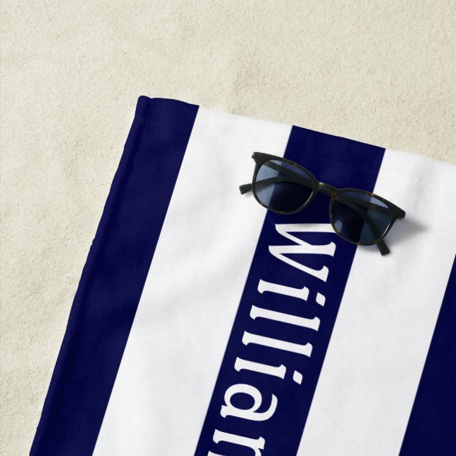 Navy Blue White | Cabana Stripes Personalised Beach Towel (In Situ)