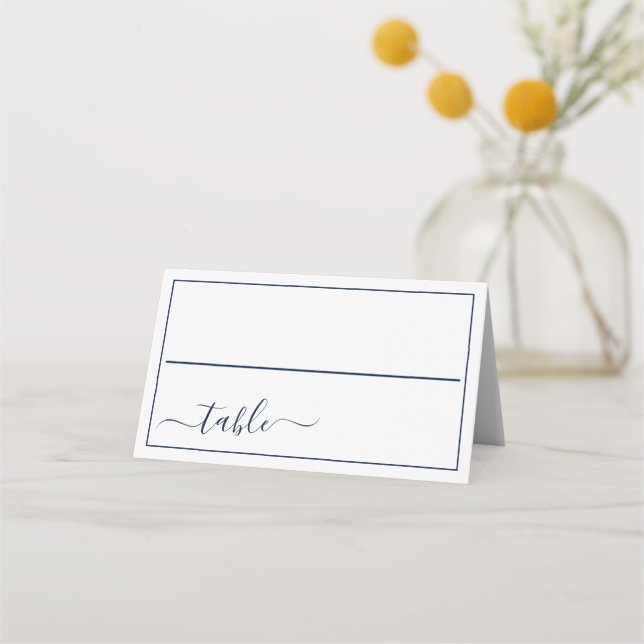 Navy Blue White Calligraphy Script Elegant Wedding Place Card (Front)