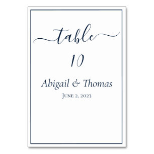 Navy Blue White Calligraphy Script Elegant Wedding Table Number