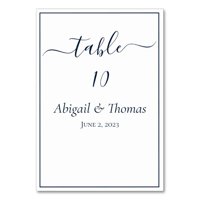 Navy Blue White Calligraphy Script Elegant Wedding Table Number (Front)