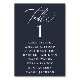 Navy Blue White Calligraphy Seating Chart Table Number