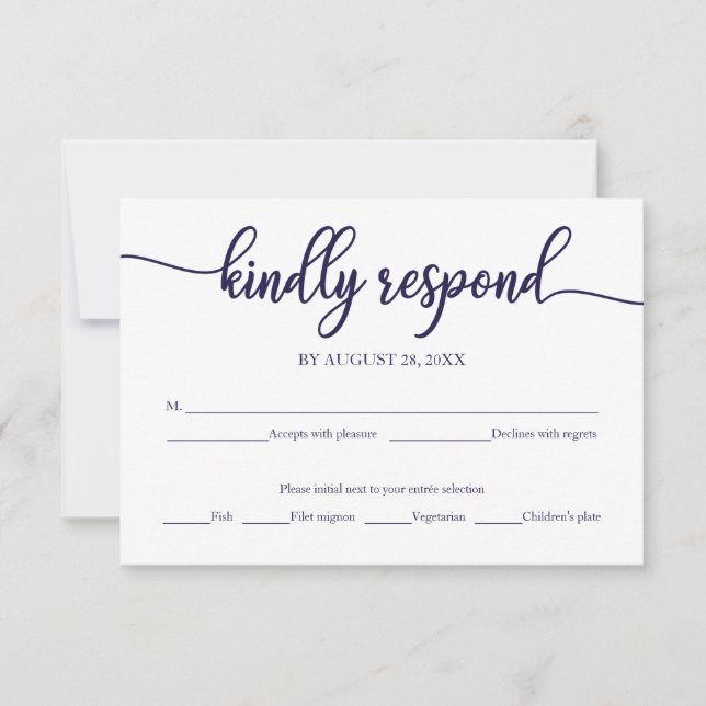 Navy Blue White Calligraphy Wedding RSVP Card (Front)