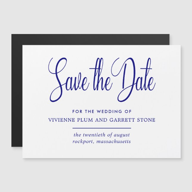 Navy Blue White Calligraphy Wedding Save the Date Magnetic Invitation (Front/Back)