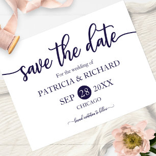 Navy Blue White Calligraphy Wedding Save The Date Postcard