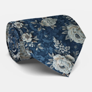 Navy Blue White Cascading Peonies Wedding Tie